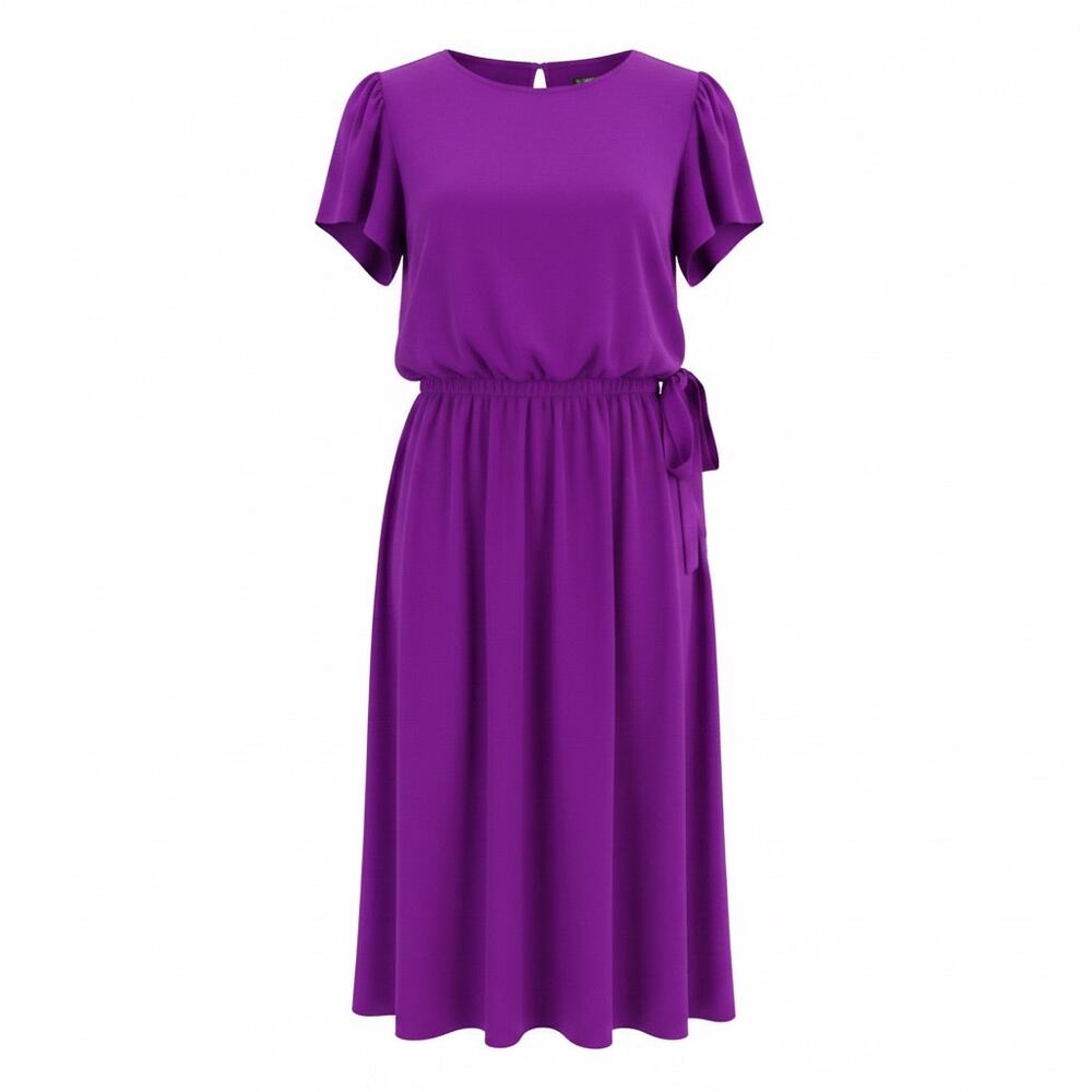 Alison Peters Purple Midi Dress Side Tie Belt Puff Sleeve Size 8 USA